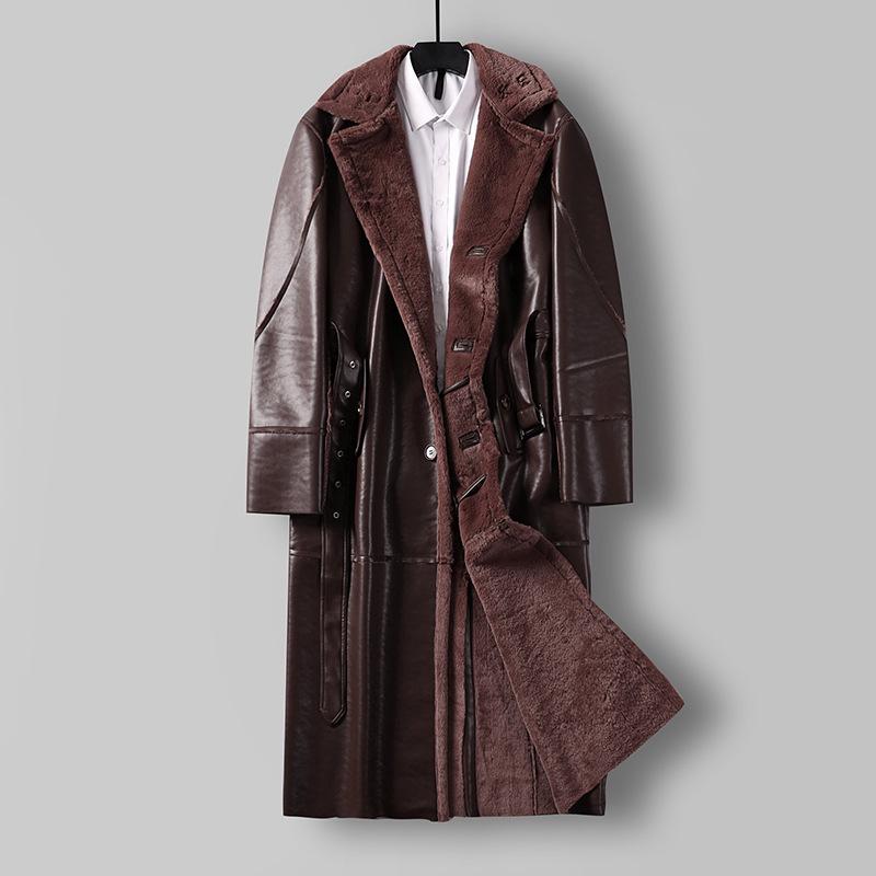 Men's Plus Size Fur-Lined Long Faux Leather Trench Coat