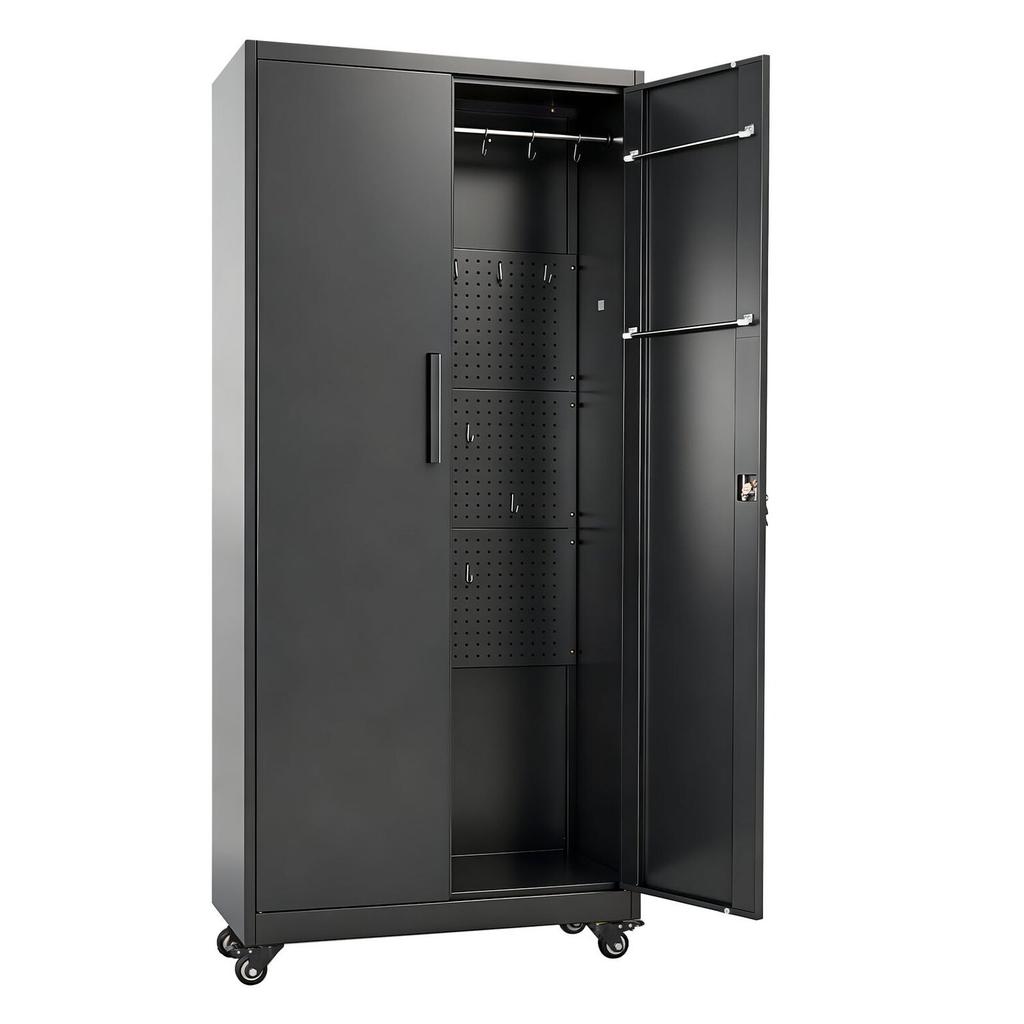 Metal Storage Cabinet, 179.5 cm Rolling Steel Garage Cabinet with Adjustable Shelves, 2 Magnetic Doors, Hanging Rod & 3 Rod Hooks, 5 Tiers Lockable