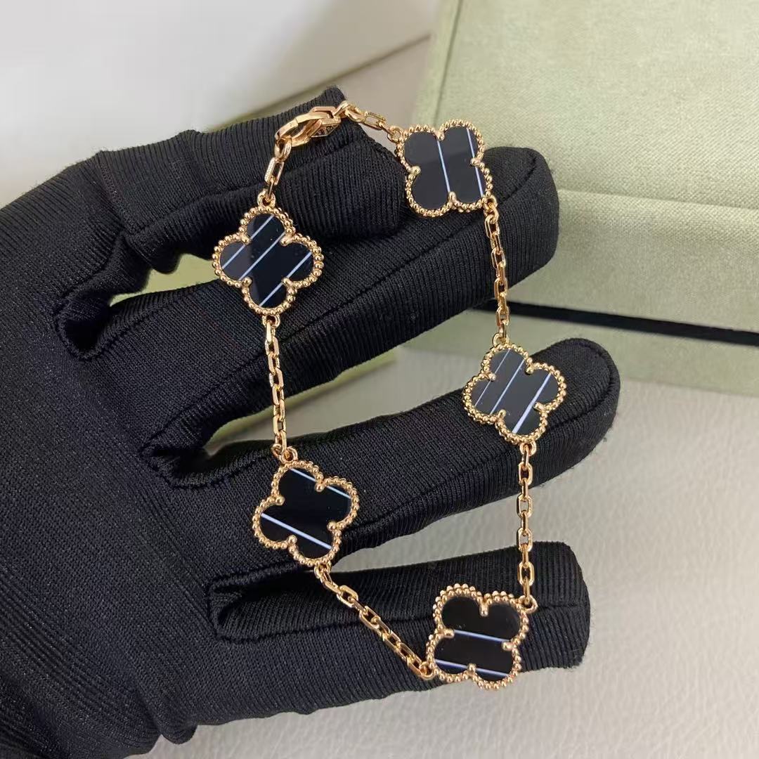 

Женский браслет «Четырехлистный клевер» из розового золота 18 карат, высокая версия, браслет «Счастливый клевер» с полосатым черным халцедоном 925 Silver розового золота