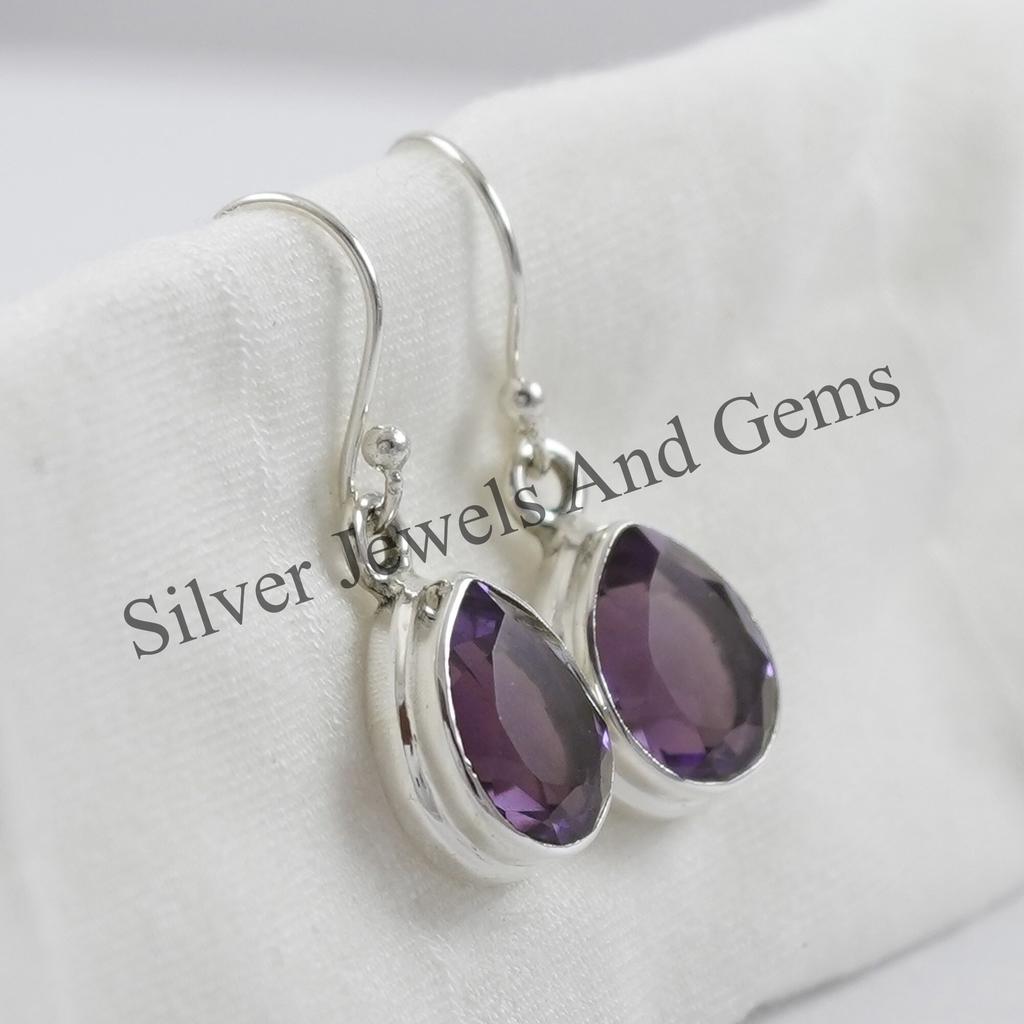 Natural Amethyst Earrings-Handmade Silver Earrings-925 Sterling Silver-Teardrop Amethyst Earrings-February Birthstone-Dangle Drop Earrings