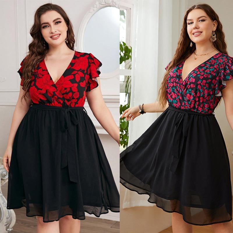 Summer Women's Dress V-Neck Large Size Fashion Printed Loose Dresses