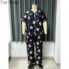 Kadın Pijama Takımı Büyük Beden Yazlık İnce Kısa Kollu Kabarcıklı Kırışık Baskılı Sevimli Nefes Alabilen Ev Giyimi Uyku İçin
