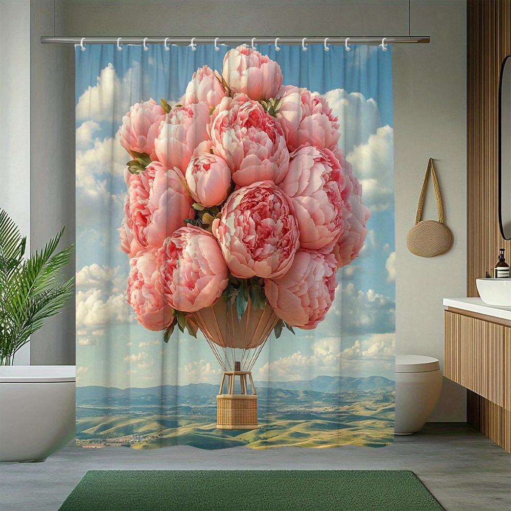

1pc. Floral Hot Air Balloon Shower Curtain, Elegant Pink Peony, Romantic Scenery, Bathroom Decor, Polyester Fabric, Includes 90x180cm