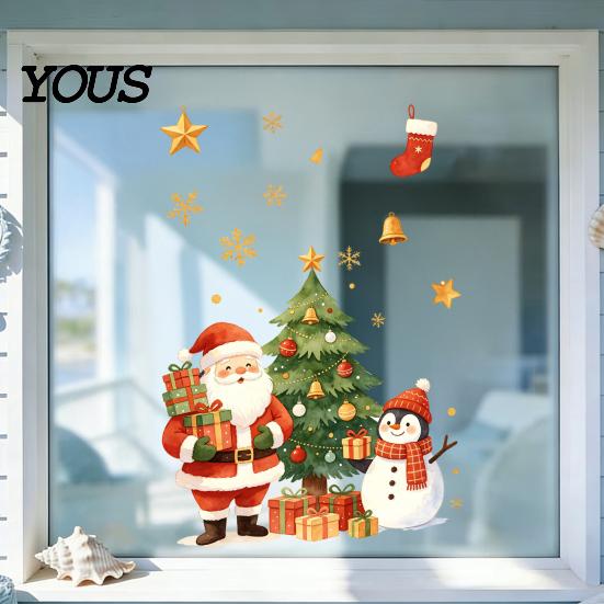 Indoor Outdoor Holiday Accents Cartoon Christmas Window Sticker, Removable Santa Snowman Tree Decal, Waterproof PVC Ornaments Static Cling Sticker