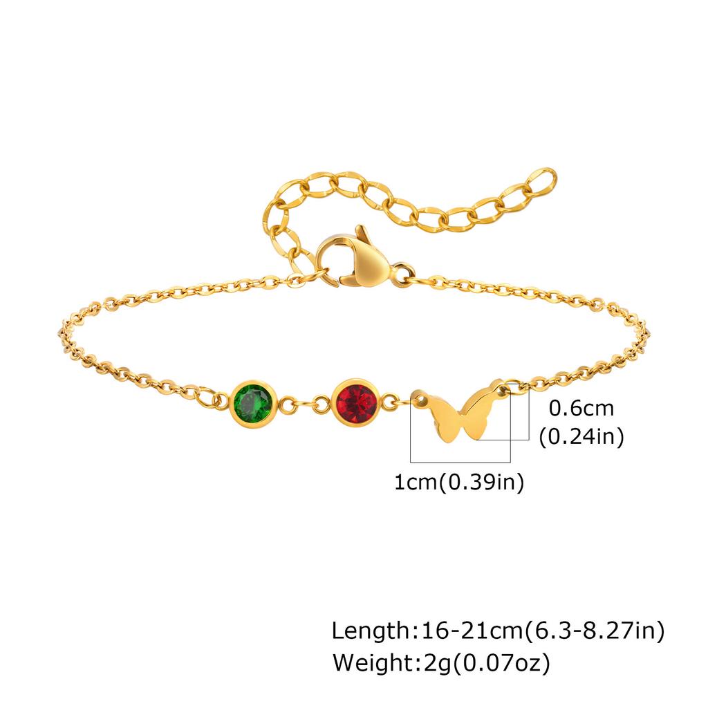 Bijoux Chaîne Plate en Acier Inoxydable Croix Zircon Rouge Vert Papillon Bracelet Doré Femme Br-2142
