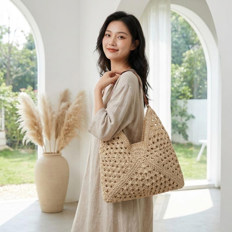 

Striped Straw Tote Bag with Leather Handles, Large Capacity, Summer Beach & Casual Daily Shoulder Bag for Women, Everyday Use