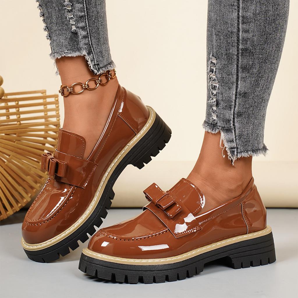 Womens Platform Loafers with Bow Accent Slip On Chunky Sole British Style Dress Shoes Comfortable Casual Footwear