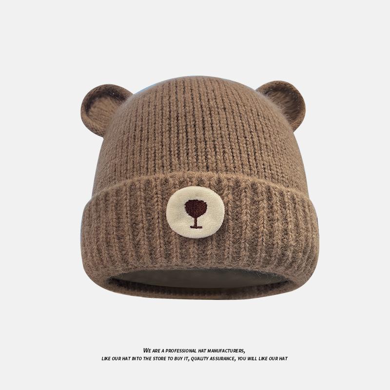 Autumn and Winter Commuting Warm Knitted Hat for Women Cute Bear Ear Protection Pullover Hat Outdoor Windproof and Coldproof Woolen Hat Trendy
