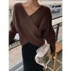 Women S Loose V Neck Cross Design Long Sleeve Knitted Sweater