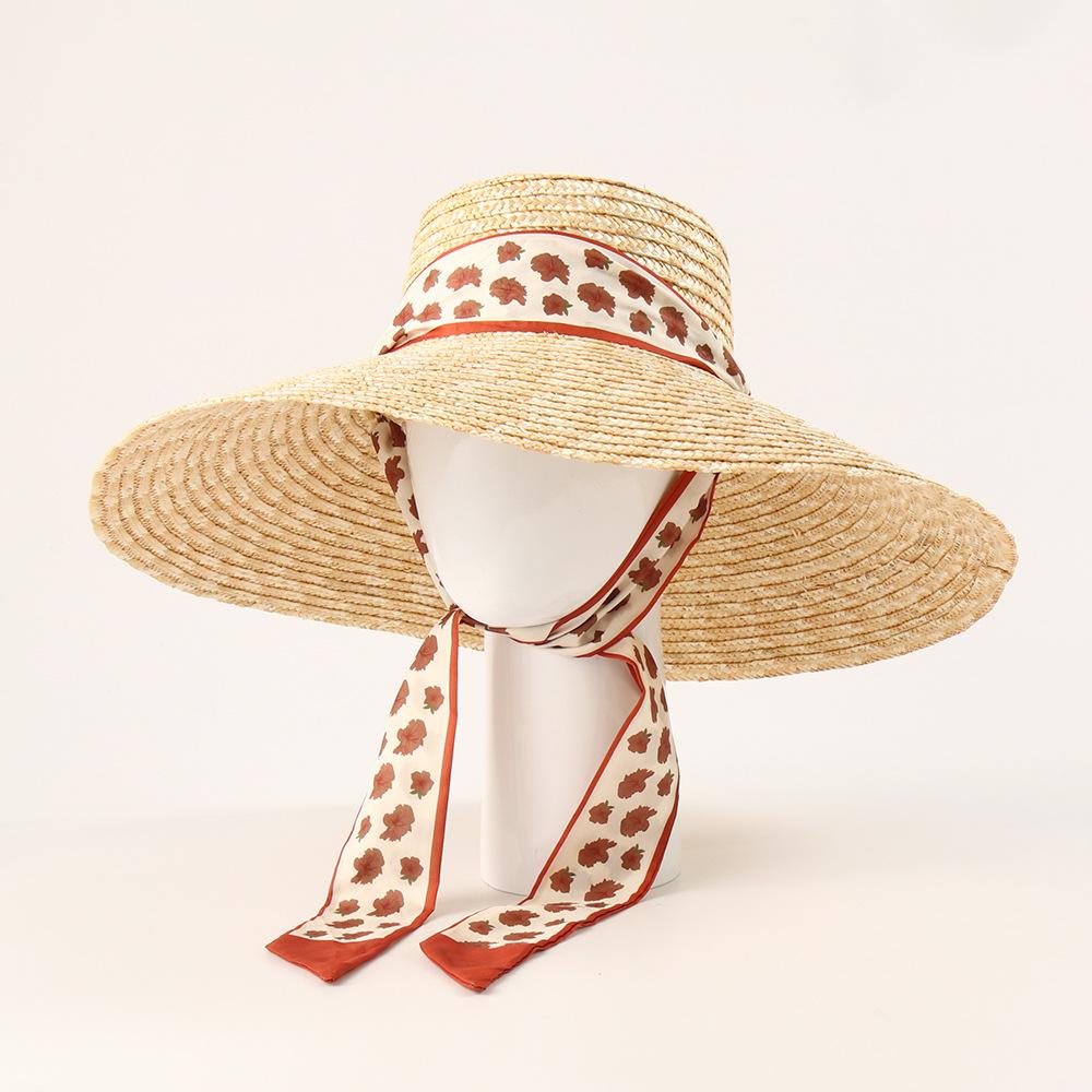European American Long Streamer Wide Brim Straw Hat for Women, Large Beach Sun Cap with Wheat Straw, Vacation