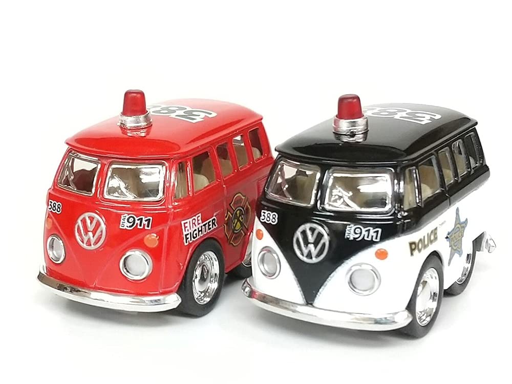 

KINSFUN Volkswagen Car Fire Truck Mini of 2 Diecast Metal Miniature Cars Bus/Police & Pull-Back Car/Set (Microbus)