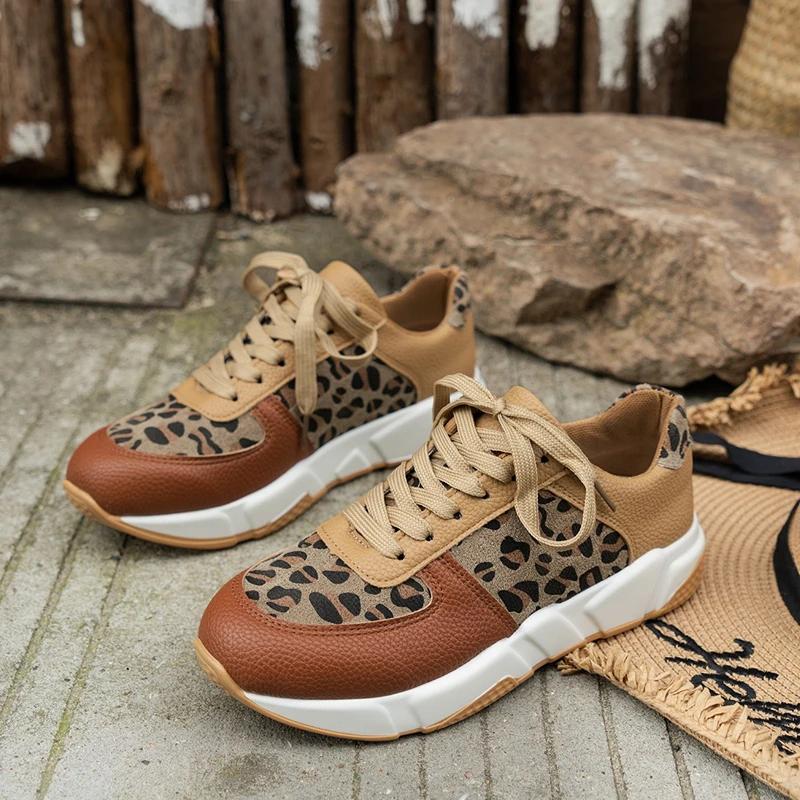 New Spring and Autumn Leopard Print Cross Strap Casual Fashion Vulcanized Shoes Round Toe Low-top Women's Sports Shoes