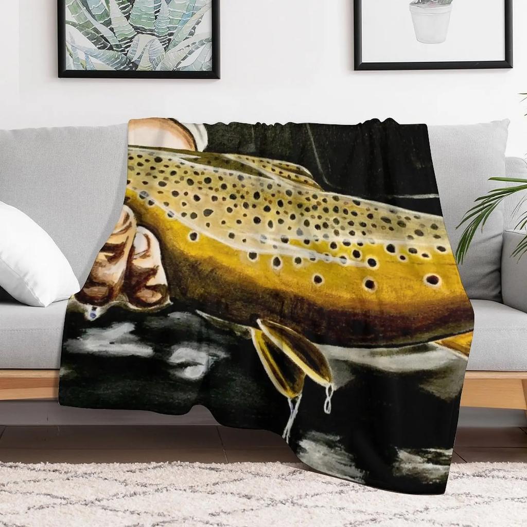 New North Platte Brown Trout Painting Throw Blanket Cozy Sofa Blanket for TV Watching Napping