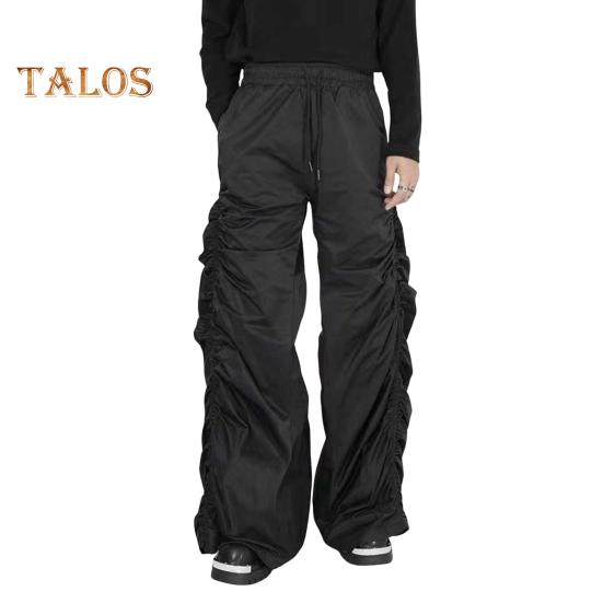 

Женские брюки с широкими штанинами, эластичные, с высокой талией, повседневные брюки с карманами, присборенные, весна-осень, длинные брюки L чёрный