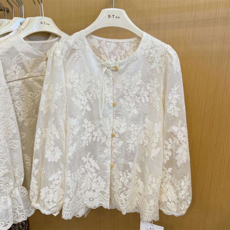 Women's 2026 Spring Jacquard Lace Puff Sleeve Blouse - Chinese Style, See-through Long Sleeve, Button-up Shirt