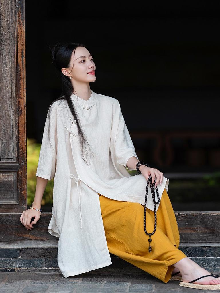 26 Chinese National Style Women's Linen Zen Meditation Outfit