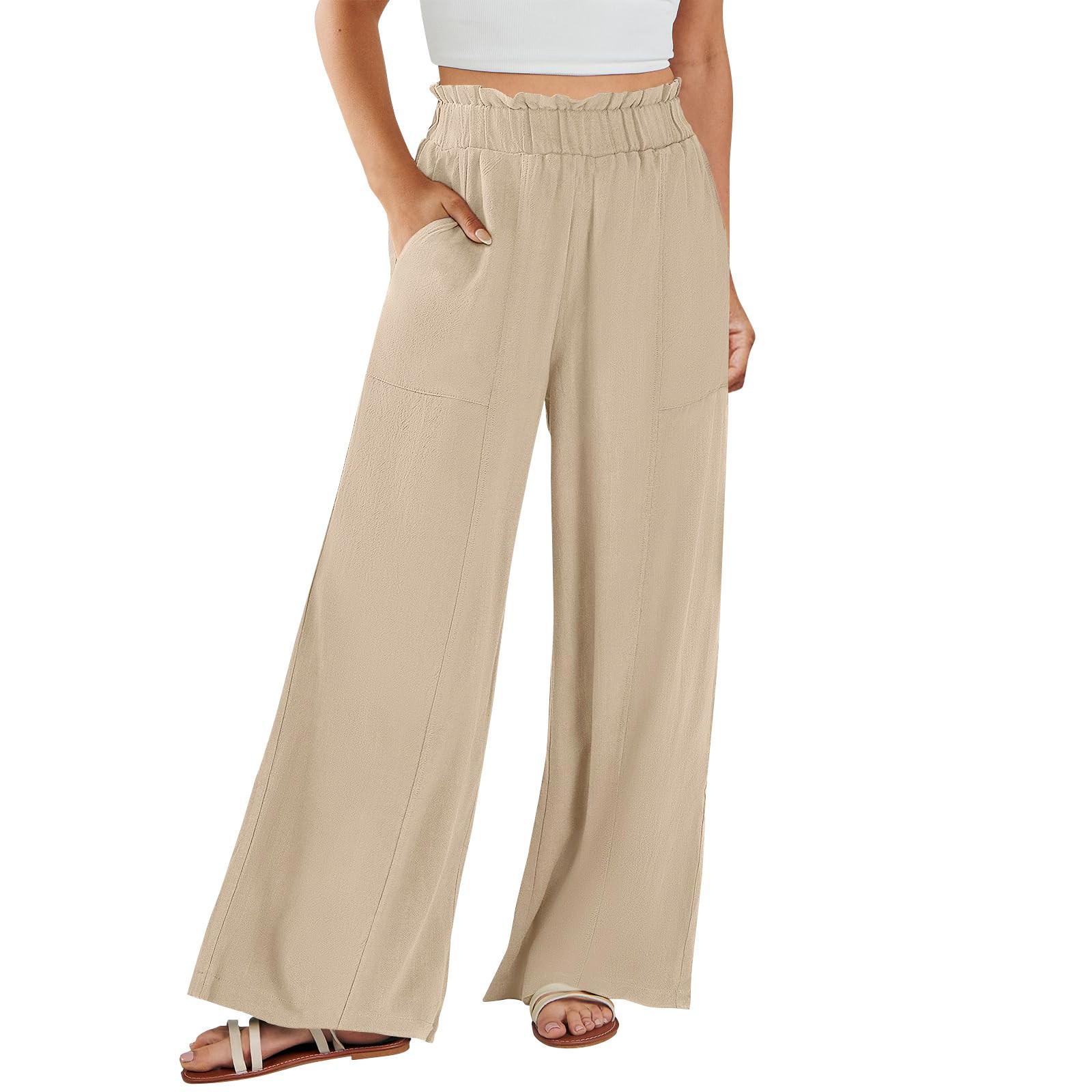 

Женские хлопковые льняные брюки, летние широкие повседневные свободные брюки-палаццо с высокой талией и шнурком, брюки с карманами M бежевый