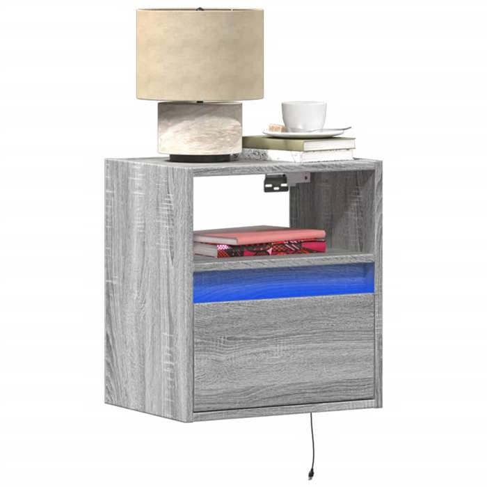 VidaXL Wall-mounted Bedside Table with LED Lights Sonoma Grey, Floating Bedside Table, Phone Holder, Table of 3307985