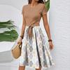 Women's Casual Fashion Belted Vintage Printed Short Sleeve Round Neck Elegant Dress