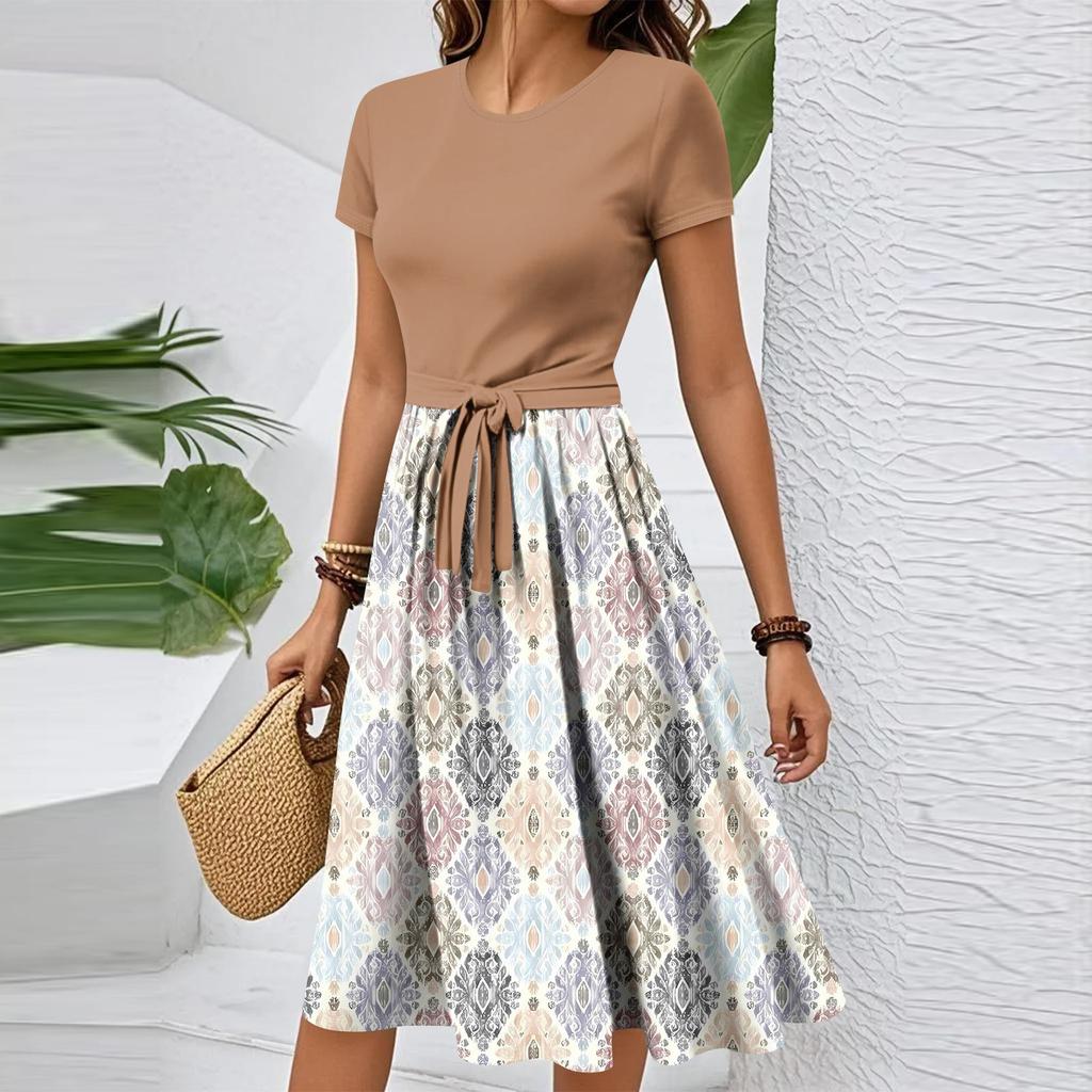 Women's Casual Fashion Belted Vintage Printed Short Sleeve Round Neck Elegant Dress