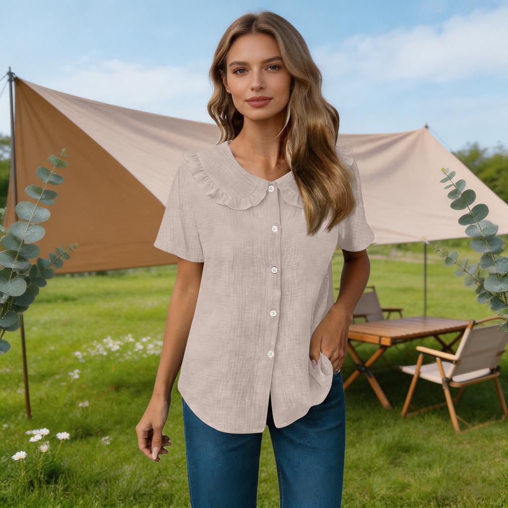 Women Summer Short Sleeve Shirt Dress Style Blouse Ruffle Collar Button Front Closure Casual Loose Fit Textured Top