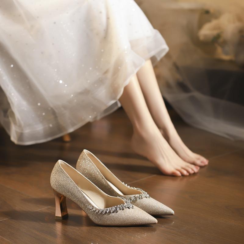 New Sparkling Rhinestone Temperament Small Pointed Tip Thin Heel Shallow Mouth Wedding Shoes High Heels Women's Shoes