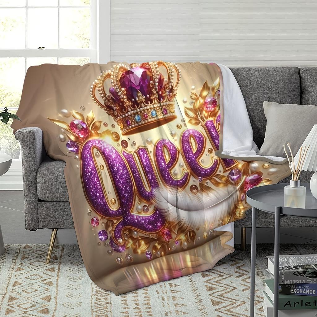 Contemporary Queen Crown Print Flannel Throw Blanket, Soft Warm Knitted Polyester Throw for Sofa, Office, Bed, Camping, T