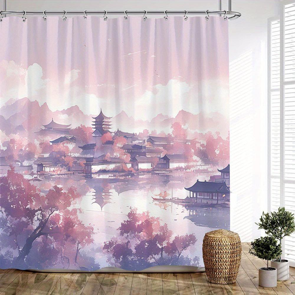 1Pc Pastel Anime Bath Curtain - Serene East Asian Scene With Pagodas, Bridges, Pink Purple Trees & Reflective Water - Soft Blue