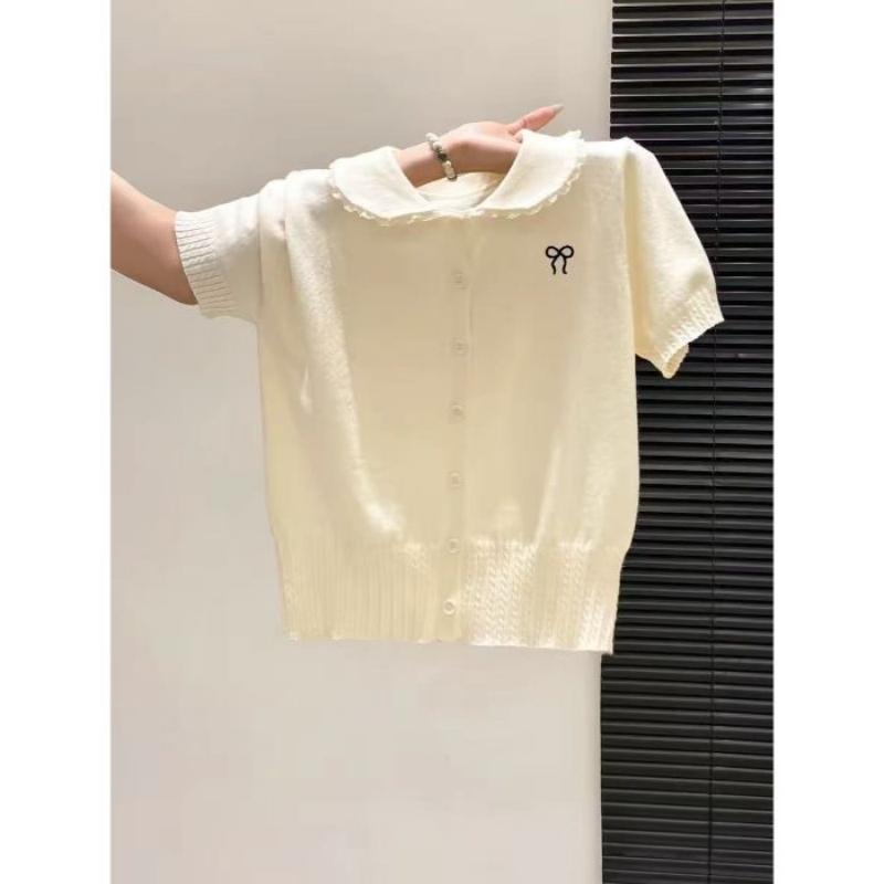 Summer New Style Bow-knitted Cardigan Casual Versatile Top Sweet Style Baby Doll Collar Short-sleeved Knitted Sweater for Women
