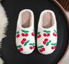 Cherry Embroidery Red Cotton Fur Slippers for Women - Cute Indoor Footwear