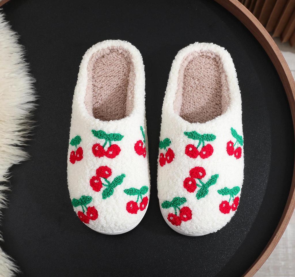 Cherry Embroidery Red Cotton Fur Slippers for Women - Cute Indoor Footwear