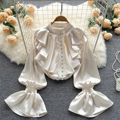 Satin Loose Shirt Long Flared Sleeves Ruffles O Neck Beading  Women Gentle Office Lady Casual Blouse