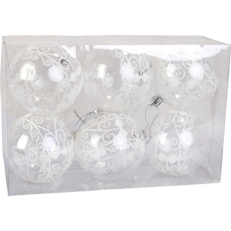 Set of 6 Shatterproof, Transparent Baubles Decorated with White Glitter 5cm