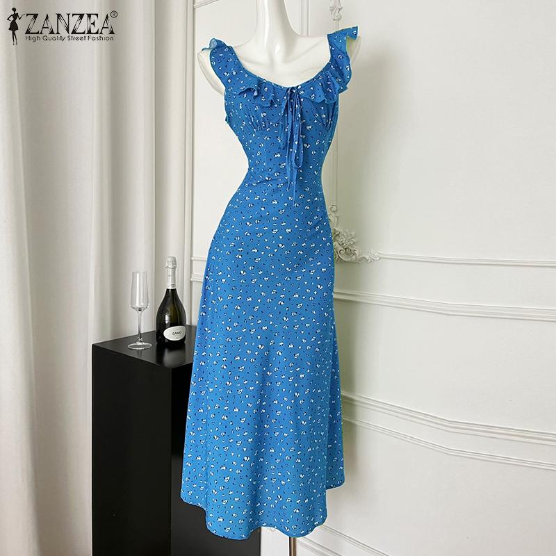 

VONDA Women Ruffled Sleeveless Floral Printing A-line Casual Party Midi Dress S зелений