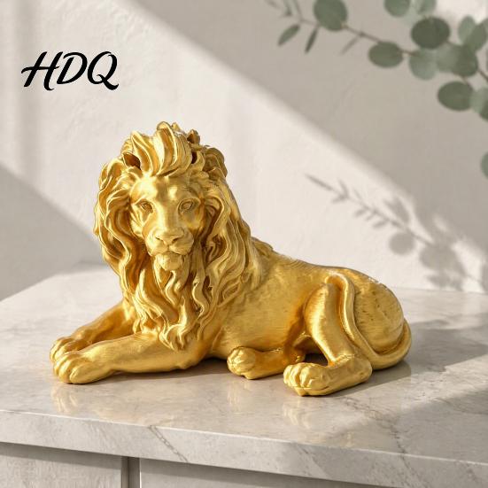 Compact Animal Statue Golden Lying Lion Resin Figurine, 3D Printed Recumbent Statue, Sculpture for Office Desk Bookshelf Wine Cabinet Tabletop