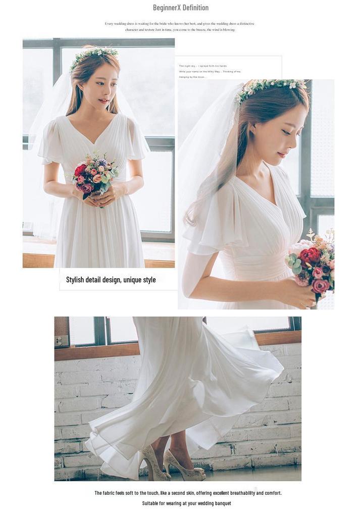 Plus Size Chiffon Light Wedding Dress with Short Sleeves - Perfect for Outdoor Weddings, Travel Photography, Banquets, and Evening Events with Veil