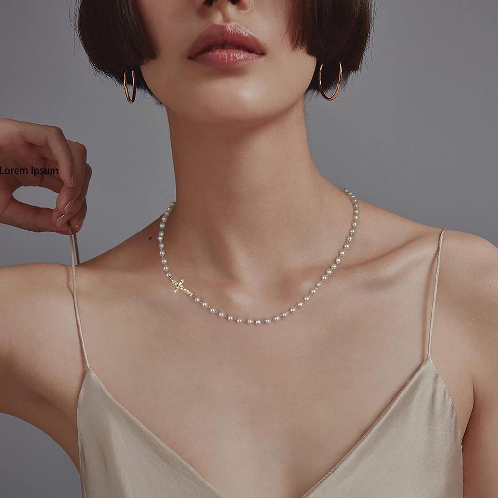 Baroque Minimalist Single-Layer Pearl Necklace with Cross for Women - Handmade & Exquisite