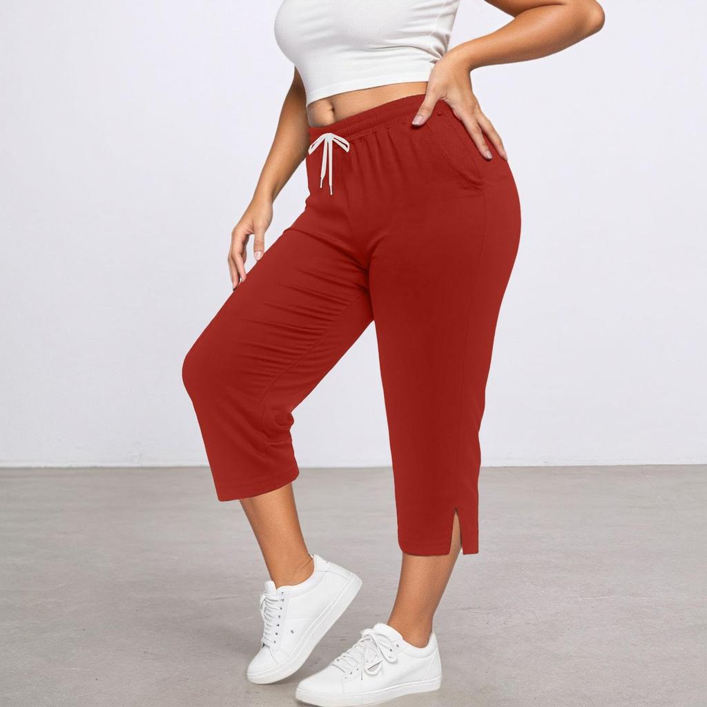 Women's Cropped Pants Casual Drawstring Waist Loose Yoga Sports Pants With Pocket Cuff Slitted Sports Pants