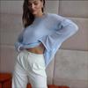 European-American Thin Round Neck Bell Sleeve Knitted See-through T-shirt (Spring/Summer 2025 Collection)