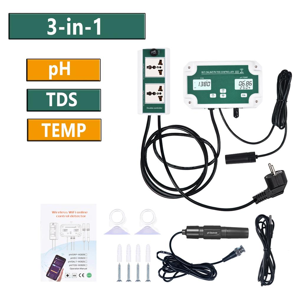 Wireless WiFi Online Control Detector Water Quality Detector 3-in-1 pH/ORP/TEMP Controller Water Quality Tester BNC Type Probe