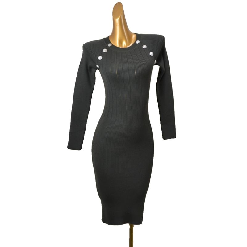 Fashion Style Metal Buckle Sunken Stripe Silm Long Sleeves Knitting Dress Autumn Sexy Sheath Bottom Long Dress