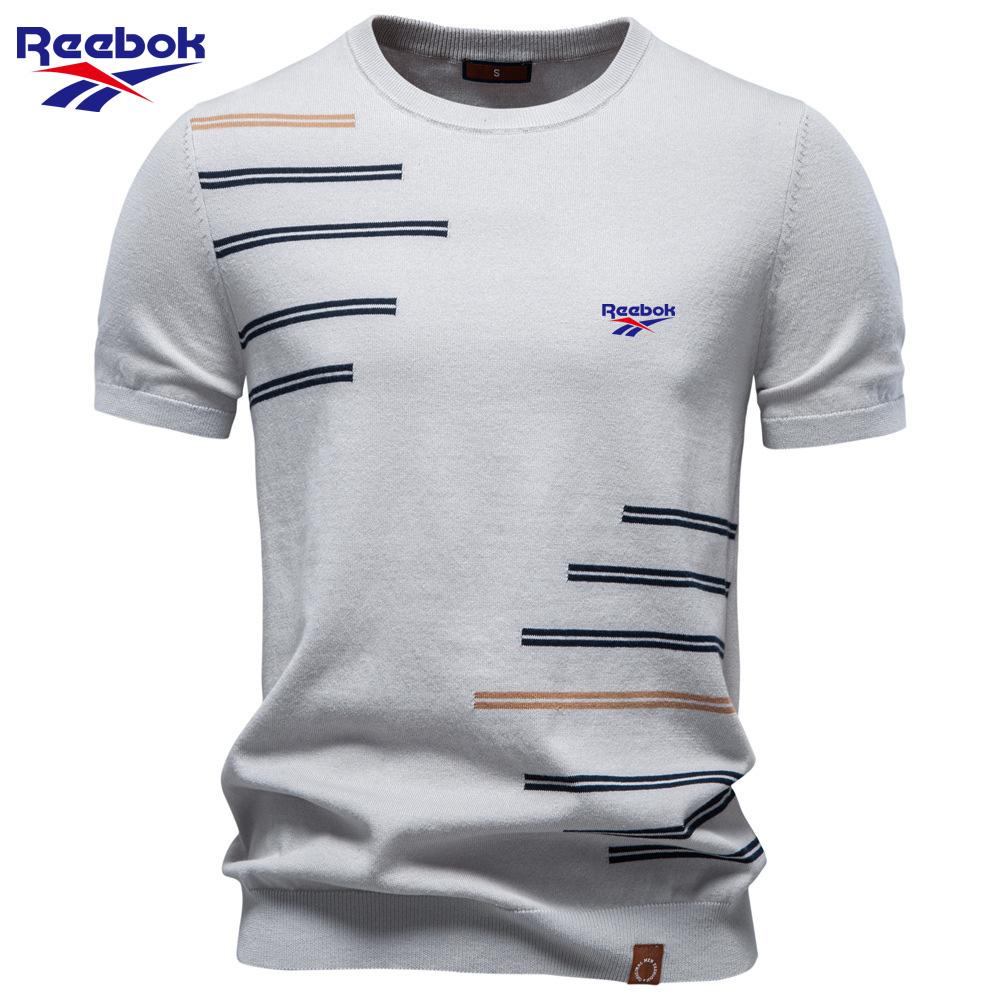 Reebok 2026 Zomer Nieuwe Stijl Geborduurd Puur Katoen Heren Korte Mouw Wol T-shirt Casual Ronde Hals Gebreid T-shirt L zilver