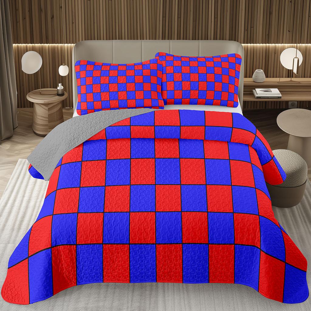 Retro Karierte Tagesdecke Twin Queen Vintage Ausgefallen Geometrisch Karomuster Gestepptes Bettwäscheset Schachbrettmuster Gitter Wendbare Tagesdecke Set