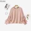 Women Casual Round Neck Ruffles Long Sleeve Loose Blouse