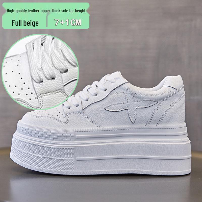 Women s Genuine Leather White Lace-Up Shoes with 8CM Thick Sole - Height Increasing Breathable Fashionable Casual Wear for Autumn 38 3976₽