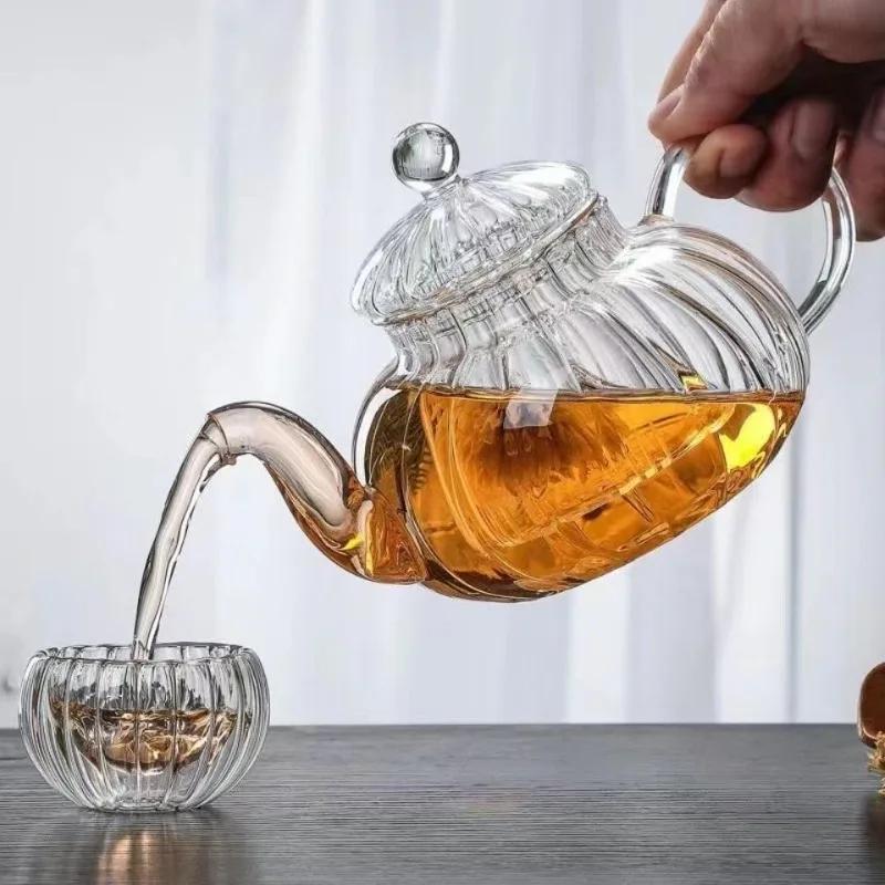 Flower Tea Pot Heat Resistant Glass Striped Pumpkin Filter Inner Tank Soaking Home and Kitchen Supplies