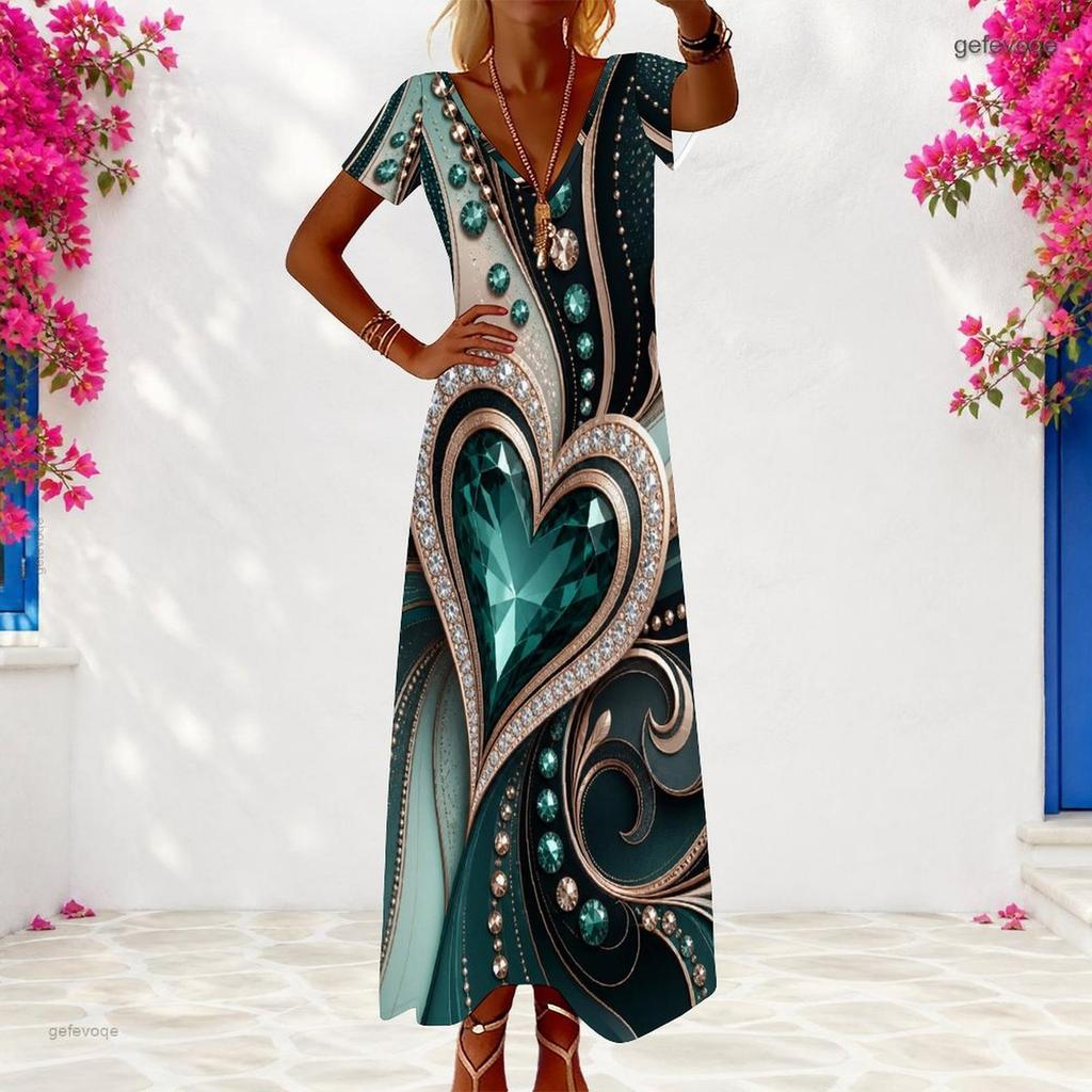 Women Plus Size V Neck Short Sleeve Printed Long Dress White Gray Abstract Rhinestone Pattern