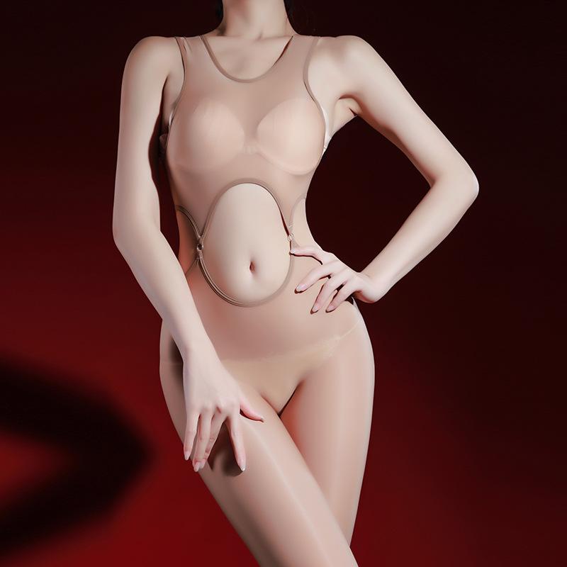 Four-Sided Hollowed-Out Sexy Shiny And Silky One-Piece Socks Stockings Sexy Oily Suspender Free Open Crotch Onesie