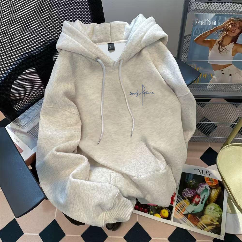 Men's Gray Hooded Sweatshirt: Thick, Velvet-Lined, Trendy American Style for Autumn/Winter