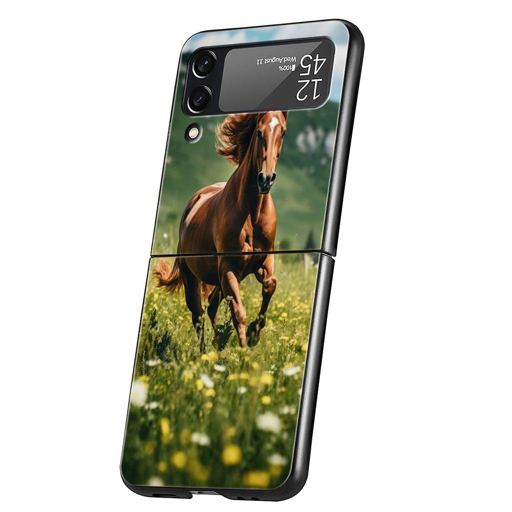 Luxury Phone Case For Samsung Galaxy Z Flip 3 4 5 6 Hard Black Folding PC For Samsung Z Flip3 Flip4 Flip5 Cover Horse Animal